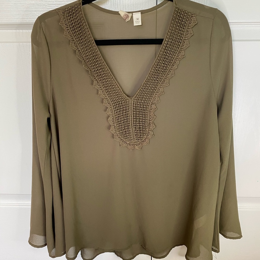 Army Green Sheer Long Sleeve Blouse